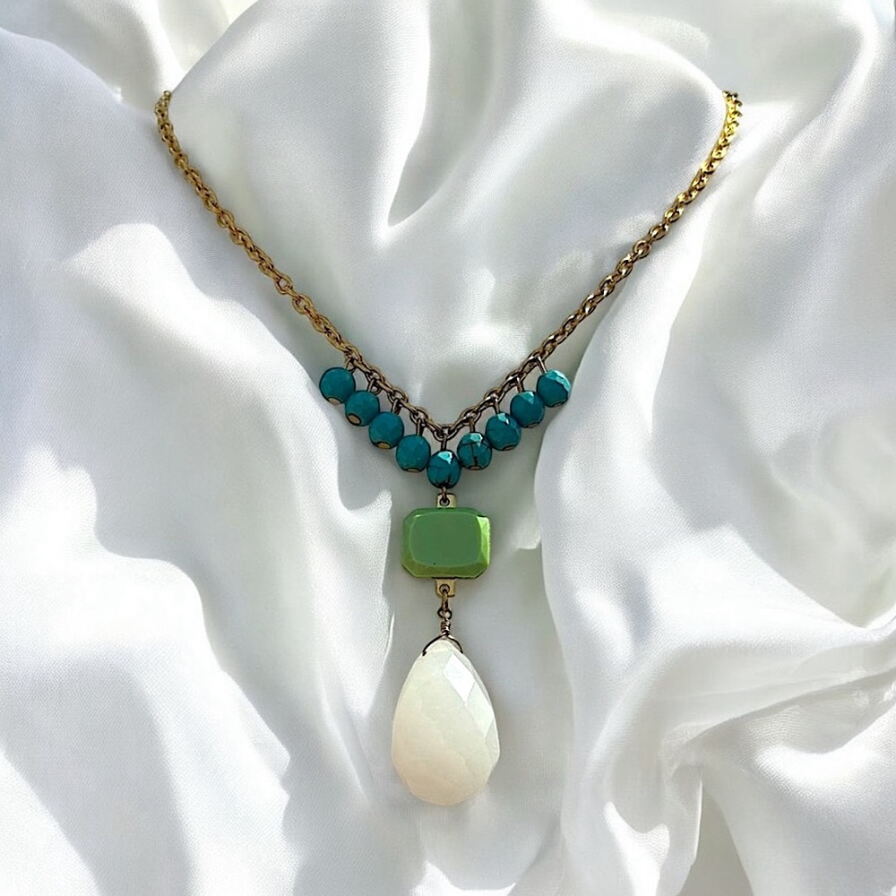 David Aubrey White Gemstone Turquoise Color Beads Golden Brass Lavalier Necklace